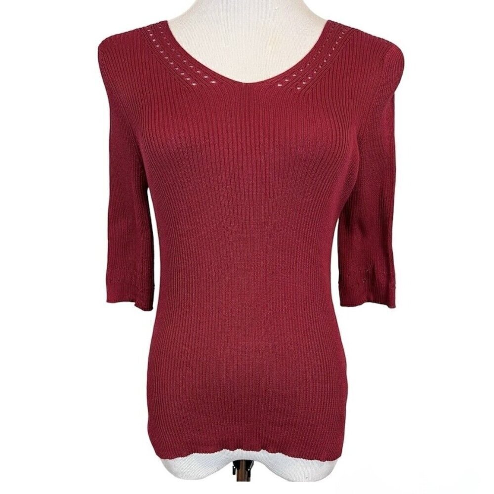 Peruvian Connection Ribbed Knit Top 3/4 Length Sleeves Cut Out Detail Size Small